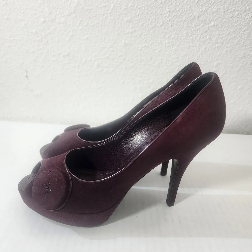 Louis Vuitton Platform Peep Toe Pumps Burgundy Suede Stiletto Heels Size 37